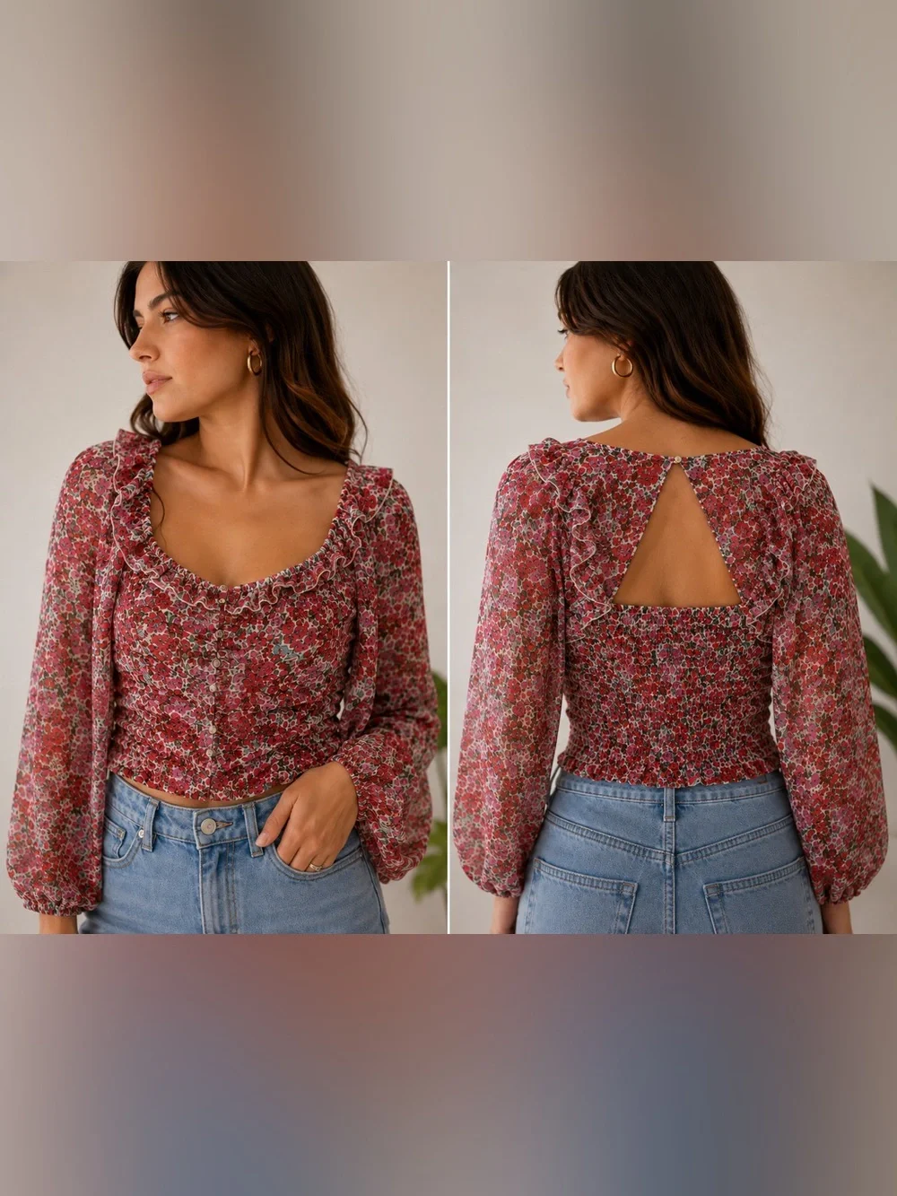 Free People Red Floral Square-Neck Ruffle Blouse size XS